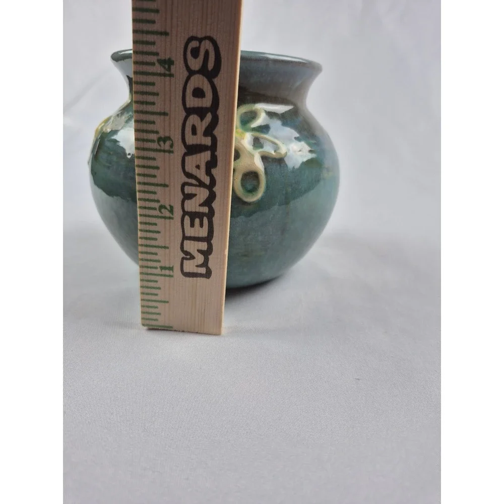 Vintage Studio Art Pottery Bud Vase Handmade Ceramic Teal Blue Floral Signed